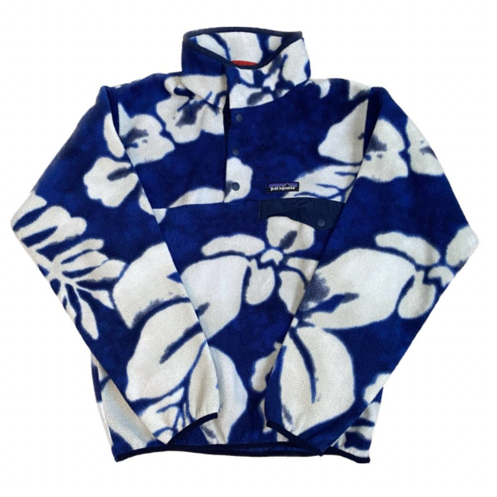 Patagonia Synchilla T Snap Hawaiian Tropical Print Blue Fleece Pullover Men's XS